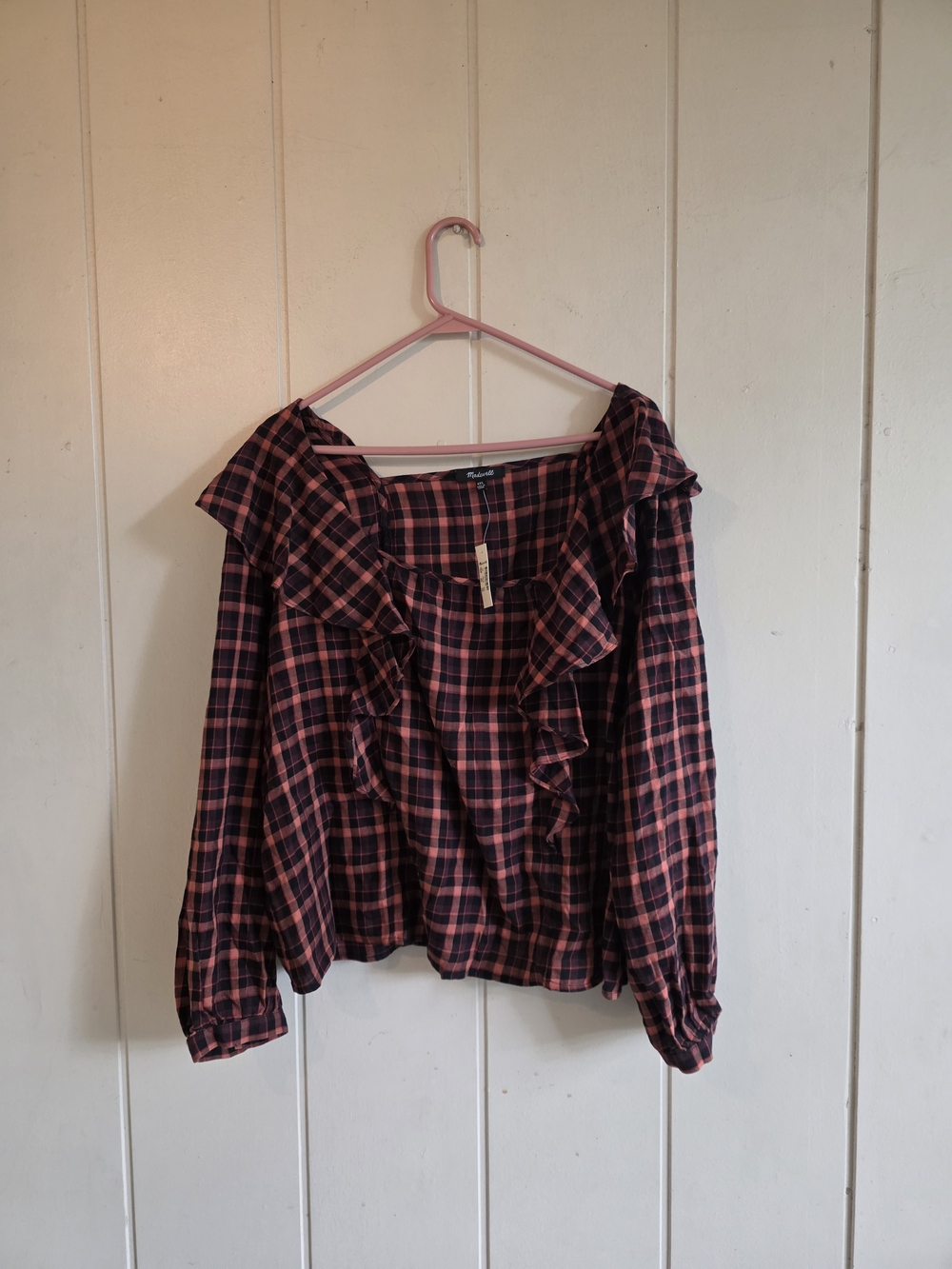 Madewell Ruffle Peasant Blouse Long Sleeve Plaid Square Neck Cottagecore New XXL